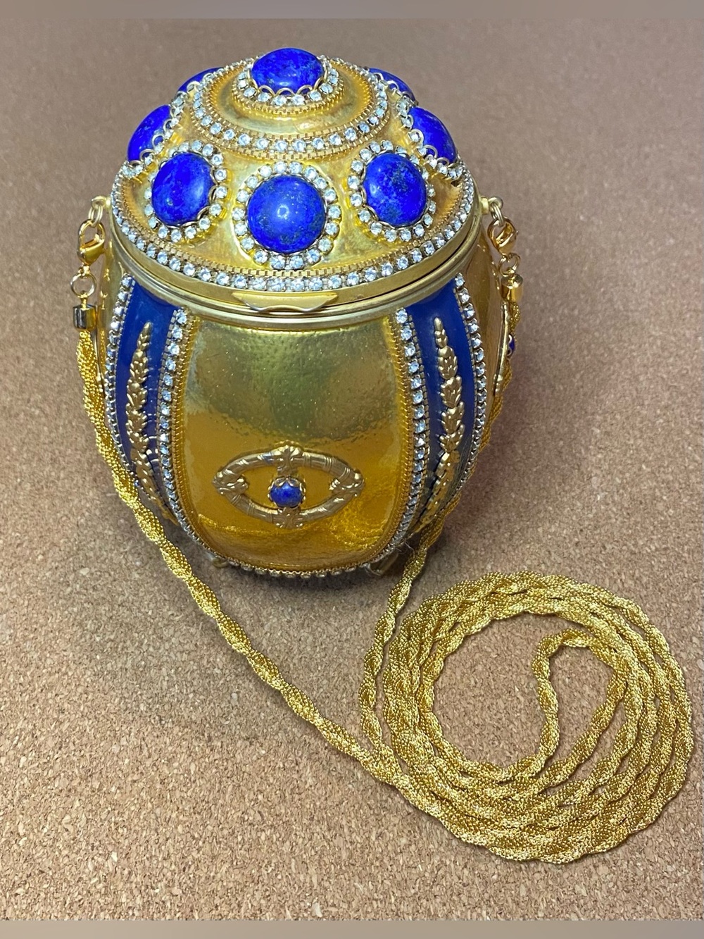 Vivian Alexander Coronation II Minaudiere Clutch Egg Lapis Lazuli Gold Swarovski